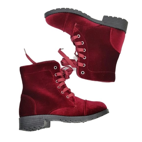 NWT Burgundy Velvet Combat Boots - Picture 3 of 5